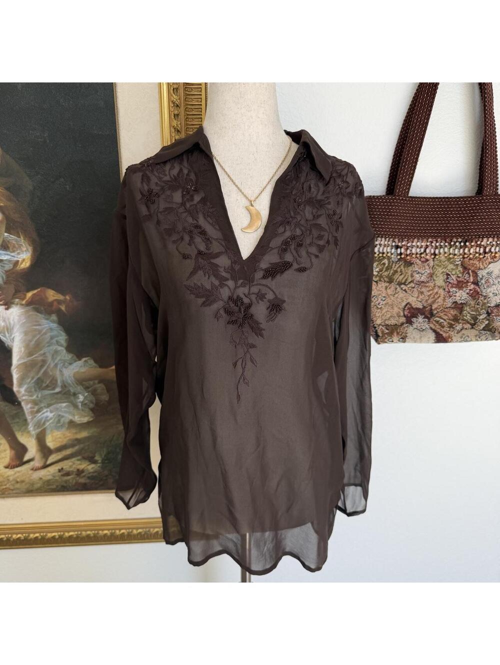 Retro Silk Embroidered Beaded Boho Sheer Collared Blouse